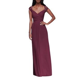 NWT! $180 David's Bridal Long Mesh Dress with Lace Cap Sleeves A- line Skirt